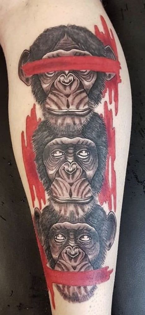 Tattoo Ideas Cartoon, Evil Tattoo Ideas, Speak No Evil Tattoo, See No Evil Tattoo, Skull Thigh Tattoos, No Evil Tattoo, See Tattoo, Evil Tattoo, Monkey Tattoos