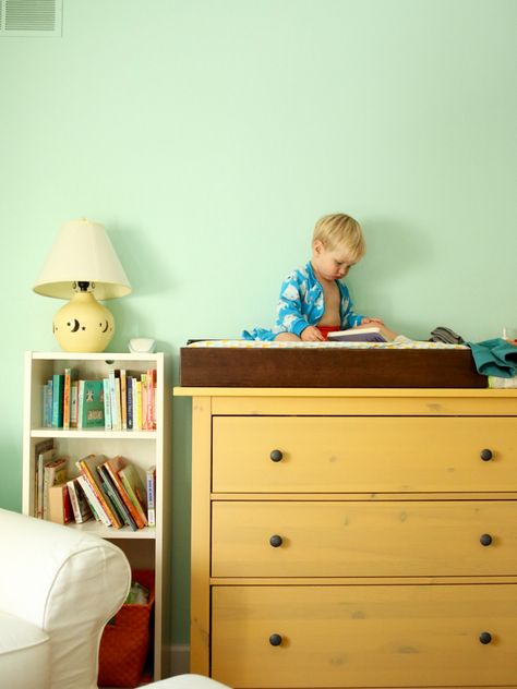 Yellow Dresser Nursery, Yellow Dressers Painted, Yellow Drawers, Noahs Ark Nursery, Yellow Dresser, Hemnes Dresser, Changing Dresser, 2 Drawer Dresser, Nursery Drawer