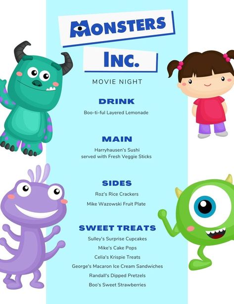 Monsters Inc Movie Night, Monsters Inc Food, Movie Themed Dinner Ideas, Themed Dinner Nights, Disney Food Recipes, Disney Dinner And Movie Night, Monsters Inc Birthday Party Ideas, Disney Movie Themed Dinner, Disney Nights