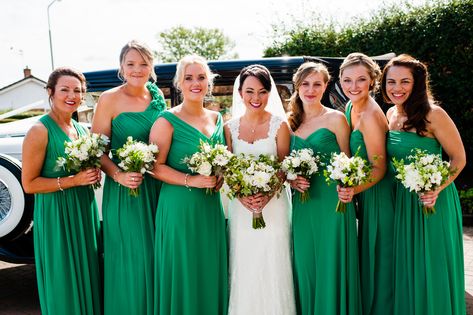 This English - Irish wedding incorporated the two country's colours by having bright green bridesmaids dresses which were absolutely stunning. Click through to see more of this lovely wedding. Kelly Green Bridesmaid Dresses, Bright Green Bridesmaid Dresses, Kelly Green Wedding, Green Bridesmaid Dresses Mismatched, Mismatched Green Bridesmaid Dresses, Bridesmaid Dresses Mismatched, Green Bridesmaids Dresses, Green Wedding Theme, Emerald Green Wedding Theme