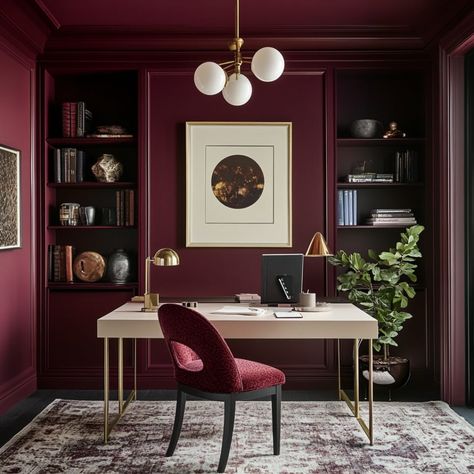 Burgundy Office Decor Ideas, Red Home Office Ideas, Burgundy Home Office, Wine Color Room, Jewel Colored Living Room, Burgundy Office Decor, Burgundy Complimentary Colors, Burgundy Hallway, Dark Red Office