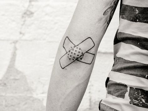 bandaid Elbow Tattoos For Men, Colored Tattoo Design, Elbow Tattoo, Unusual Tattoo, Petit Tattoo, Tattoo Shading, Elbow Tattoos, Knee Tattoo, Tattoo Illustration