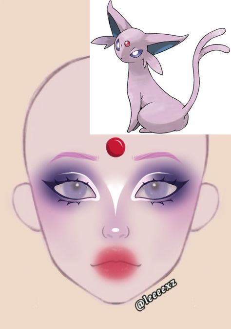 Pokemon Inspired Makeup, Espeon Makeup, Gengar Makeup, Anime Makeup Looks, Espeon Cosplay, Makeup Looks Drawing, Anime Inspired Makeup, Makeup Ideas Drawing, Pokemon Makeup