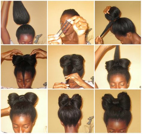 natural hair bow tie | PUT A BOW ON IT: Hair Style Pictorial Two Bow Buns Hairstyle, Bow Tie Bun Hairstyles, Bow On Natural Hair, Bow Buns Hairstyle, Bow Tie Hair Hairstyles, Hair Bow Tutorial Hairstyle, Bow Tie Hairstyle, Bow Bun Tutorial, Bow Bun Hairstyle