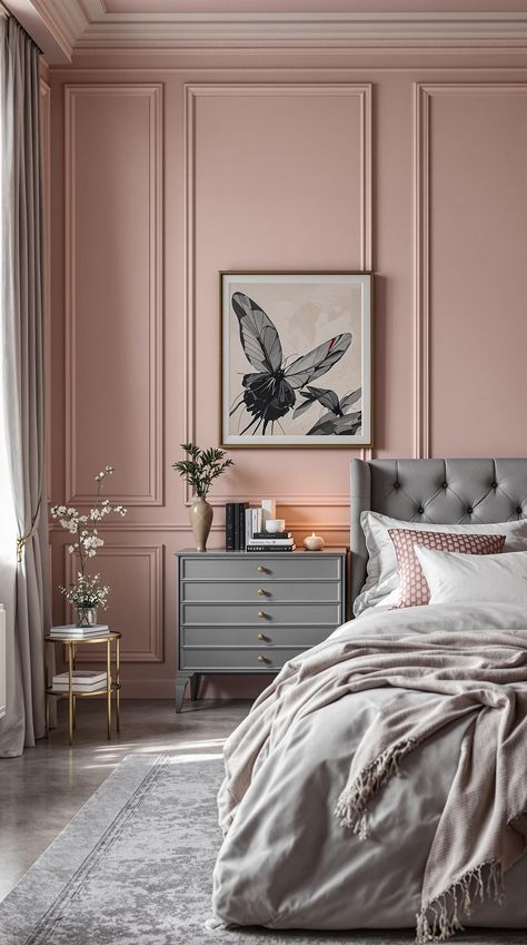 Pink Bedroom Ideas Stylish Pink Bedroom, Pale Bedroom Ideas, Girls Bedroom Panelling Ideas, Pink Ceiling Bedroom, Pale Pink Bedroom Walls, Blush Pink Bedroom Ideas, Pale Pink Bedroom, Pale Pink Bedrooms, Pink Feature Wall