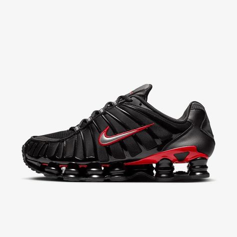 Nike Shox TL "Black University Red" CN0151-003 | SneakerNews.com Travis Scott Shoes, Nike Shox Tl, Vince Carter, Nike Zoom Kobe, Jordan Logo, Mens Shoes Black, Popular Sneakers, Street Fashion Men Streetwear, Nike Shox