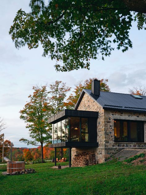 1873 Schoolhouse by Works Office of Brian O'Brian Architect - Dwell Toronto Couple, Dining Pavilion, Stone Farmhouse, Cottage Exterior, Elegant Country, Austin Homes, O Brian, House Extensions, Brick And Stone