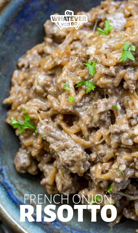 Risotto Recipes Beef, Ground Beef Risotto, French Onion Risotto, Beef Risotto Recipes, French Onion Biscuits, Steak Risotto, Beef Risotto, Beef Mince Recipes, Onion Risotto