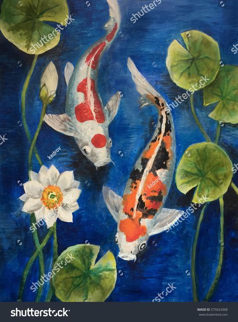 Koi Fish Pond Watercolor, Koi Fish Pond Painting, Fish Pond Painting, Koi Pond Art, Colorful Koi Fish, Koi Fish Painting, Koi Painting, Koi Fish Drawing, Lucky Bamboo Plants