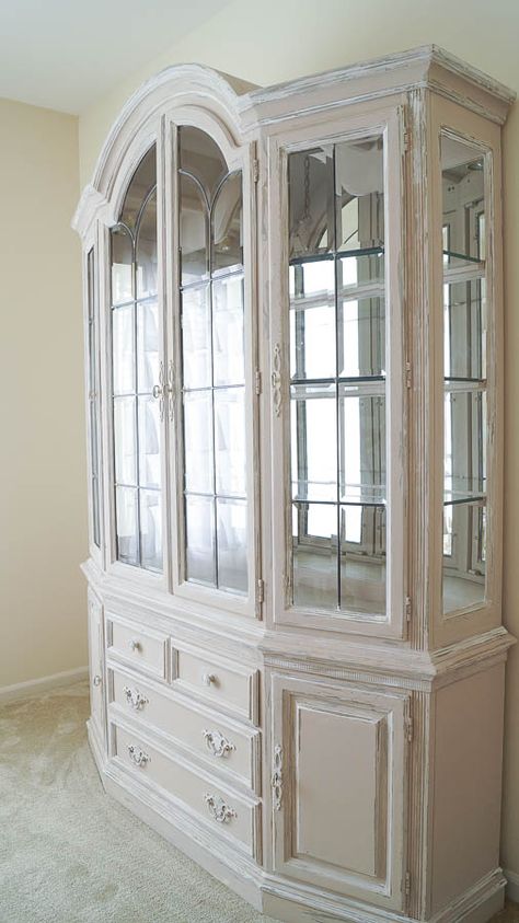 Updating A China Cabinet With Chalk Type Paint - MAKEUP FOR MATURE SKIN White And Brown China Cabinet, Chalk Paint China Cabinet, Painted China Cabinet Ideas, Painted Shelving, White China Cabinet, China Cabinet Makeovers, Repurposed China Cabinet, White China Cabinets, China Cabinet Decor