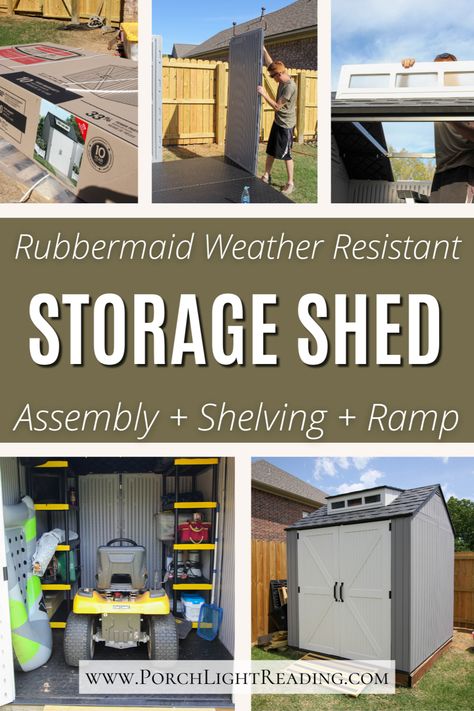 7x7 Rubbermaid storage shed review. Including foundation ideas and shelving to maximize your storage even in a small shed. Plus what size riding mower and deck fits inside. #shed #backyardproject #storageshed Lawn Mower Storage Shelf, Riding Mower Storage, Lawncare Equipment Storage, Plywood Storage Rack On Side Of Shed, Shed For Lawnmower Outdoor Storage, Rubbermaid Storage Shed, Rubbermaid Shed, Shed Shelving, Diy Slides