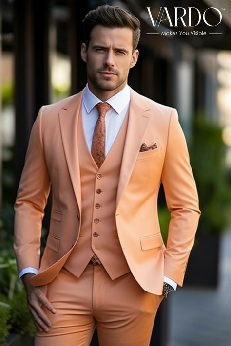 Orange Suit Mens, Orange Groom Suit, Three Piece Suit For Men, Men Suit Outfit, Vest And Trousers, Suit Double Breasted, Stylish Mens Suits, Orange Suit, Formal Fashion