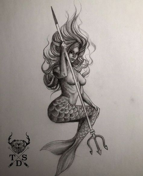 Realistic Siren Drawing, Hot Mermaid Tattoo, Greek Mermaid Tattoo, Warrior Mermaid Tattoo, Mermaid With Trident Tattoo, Curvy Mermaid Tattoo, Mermaid Tattoo For Men, Gypsyone Tattoo, Siren Tattoo Ideas