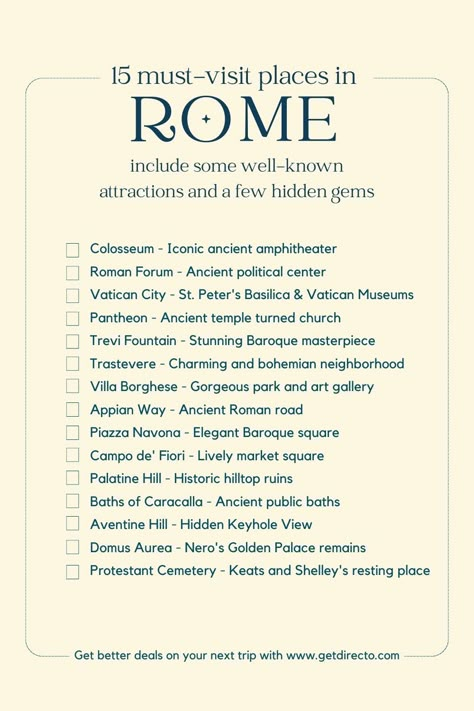 Essential Items to Remember on Your Travel Checklist Things To Do In Italy Bucket Lists, Rome Checklist, Rome To Do, Rome Things To Do, Italy Checklist, Things To Do In Rome Italy, Rome Italy Outfits, Rome Coliseum, Rome Museums