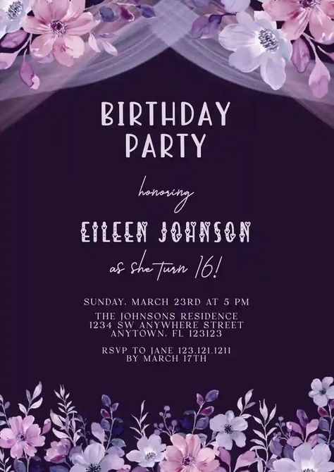 Free Online Invitation Maker, Teen Birthday Invitations, Happy Birthday Background, Sweet Sixteen Birthday Invitations, Purple Invitations, Online Invitation, Invitation Maker, Background Pink, Adult Birthday Invitations