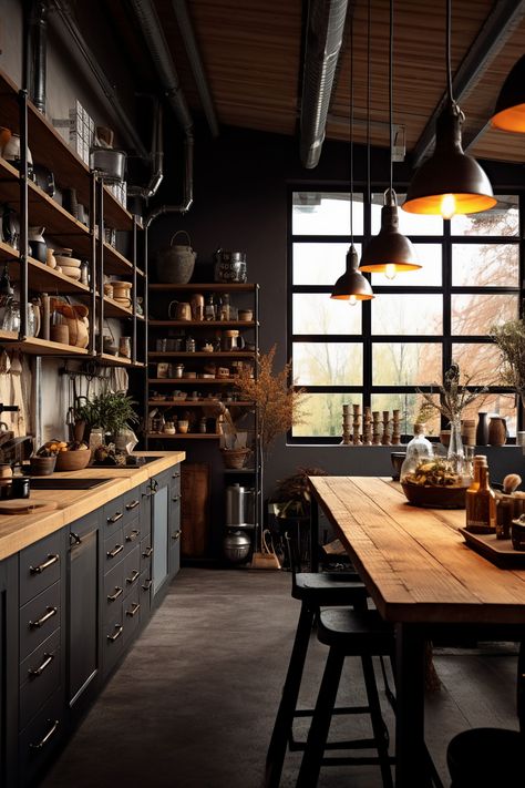 An industrial-style kitchen with a touch of grey lighting, featuring a mix of raw materials, exposed brick, and wooden elements. Cabinets Corner, Industrial Kitchen Design, Industrial Home Design, Walnut Kitchen, Loft Kitchen, Industrial Style Kitchen, Kabinet Dapur, Brick Kitchen, Sink Kitchen