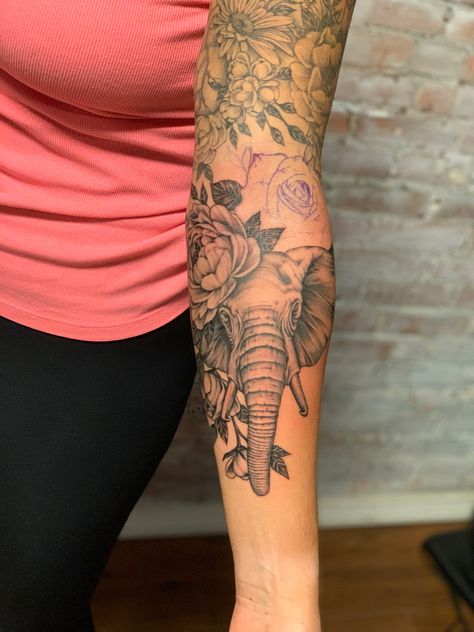 Elephant Tattoo On Forearm, Elephant Shin Tattoo, Elephant Sleeve Tattoo, Elephant Tattoos With Flowers Half Sleeves, Elephant Ear Tattoo, Elephant Sleeve Tattoos For Women, Elephant Wrist Tattoo, Arm Elephant Tattoo, Inner Arm Tattoos