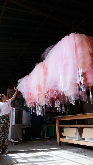 Corrie Sullivan on Instagram: "Pink tulle and tinsel chandeliers made for an event with @sugar_la ✨🩷🪩 #CorrieinColor" Pom Pom Ceiling Decor, Backdrops Ideas, Easter Church Decorations, Tulle Decorations, Tulle Poms, English Tea Party, Silver Tinsel, Church Decorations, Event Backdrop