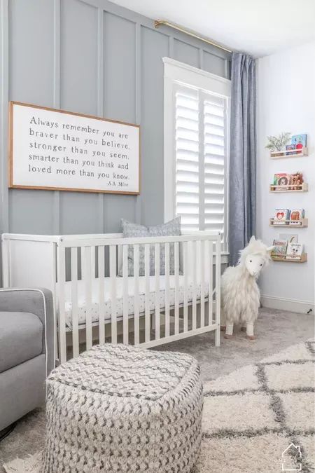 Grey Nursery Accent Wall, Boothbay Gray Nursery, Nursery With Blue Accent Wall, Gender Neutral Nursery Gray Walls, Baby Boy Nursery Blue And Gray, Blue Walls Nursery, Blue Nursery Paint Colors, Nursery Gray Walls, Boy Nursery Accent Wall