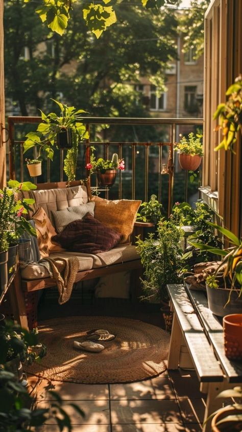 Rustic Balcony Ideas, Small Balcony Plants, Garden Apartment Balcony, Small Rooftop Ideas, Balcony Landscaping, Bohemian Landscape, Rustic Balcony, Ruffle Shower Curtain, Balcony Apartment