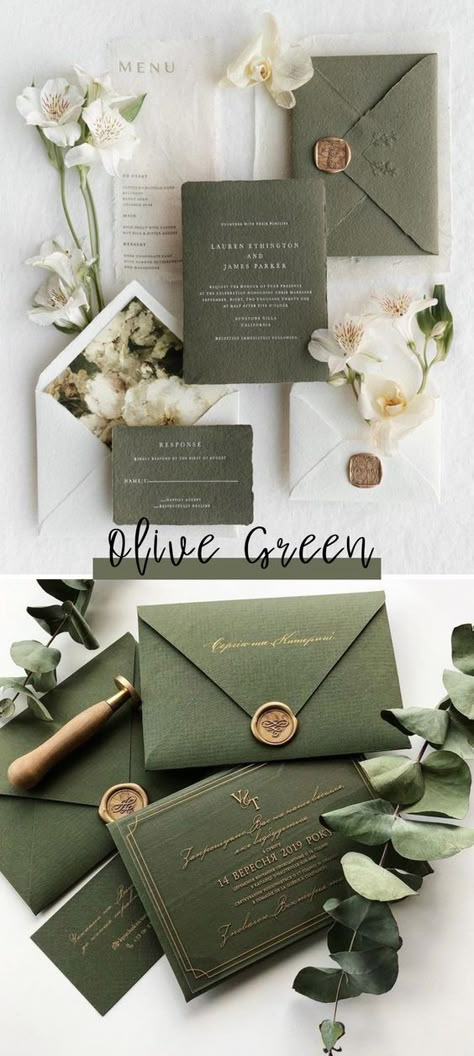 Trending: 25 Amazing Olive Green Wedding Color Ideas - Merry Hook.#WeddingInvitations #WeddingStationery #Invitation #WeddingPlanning #CustomInvitations Green Fall Weddings, Grey Wedding Theme, 1000 Wedding, Olive Green Wedding, Forest Green Wedding, Green Gold Weddings, Dream Wedding Invitations, Wedding Theme Color Schemes, Dark Green Wedding