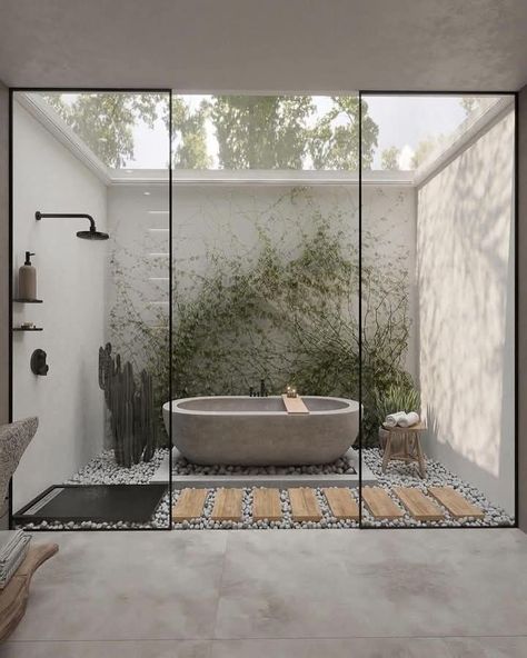 Outdoor Bath Shower Ideas, Bathroom With Indoor Garden, Private Garden Off Master Bath, Indoor Outdoor Bathtub, Big Windows Bathroom, Bedroom With Bathroom Open Space, Modern Restroom Ideas, Glass Wall Bedroom, Open Bathroom Concept