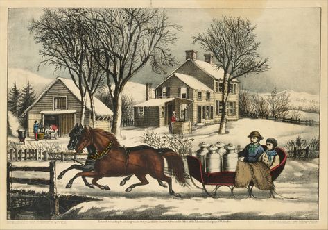 Currier And Ives Christmas, Courier And Ives, Folk Art Illustration, Currier And Ives Prints, Art Park, Sleigh Rides, American Christmas, Americana Art, Winter Morning