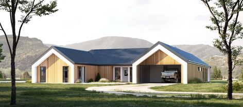 A 4 bedroom pavilion house plan with a ranging single storey design. A 279 sq metre h-shaped house design with 4 bedrooms and 3 bathrooms. New in 2019. Gabled Roof House, Gable Roof Exterior, Modern Gable House, Modern Gable Roof, Gable House Plans, Pavillion House, U Shaped House Plans, Pavilion House, Gable Roof House