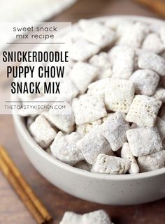 Snickerdoodle Puppy Chow Snack Mix by The Toasty Kitchen #snickerdoodle #cinnamon #snack #dessert #chex #chexmix #partyfood #dessert #sweet #recipe Puppy Chow Recipe Without Peanut Butter, Sweet Snack Mix Recipes, Chex Mix Recipes Christmas, Cinnamon Chex Mix, Puppy Chow Snack, Sweet Snack Mix, Chex Mix Recipes Original, Chex Snack Mix, Sweet Chex Mix