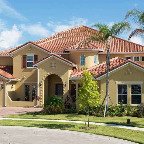 Red Tile Roof House Exterior Colors, Orange Tile Roof House Exterior Colors, Exterior House Colors With Red Tile Roof, Spanish Tile Roof House Colors, Red Spanish Tile Roof House Colors, Red Tile Roof, Red Roof House, Metal Roof Houses, Goldendoodle Grooming