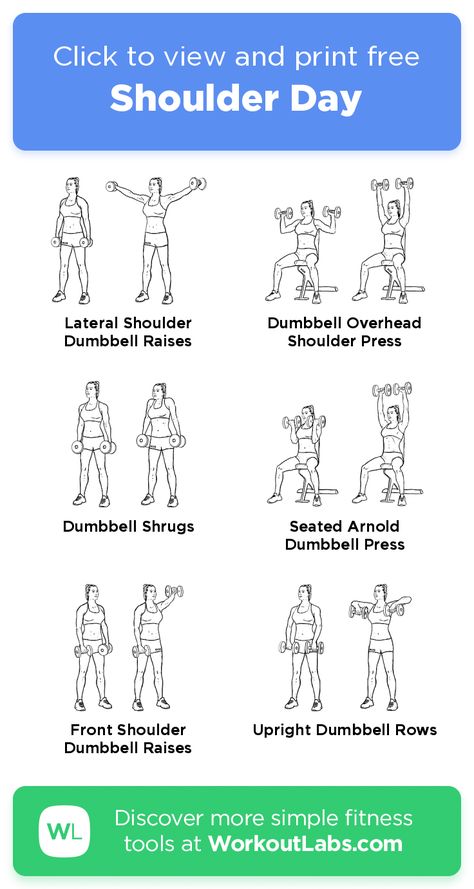 Shoulder Day – click to view and print this illustrated exercise plan created with #WorkoutLabsFit Shoulder Day Workout Women, Back And Shoulder Workout At Home, Shoulder Exercises With Weights, Free Weight Shoulder Workout, Shoulder Exercise, Back And Shoulder Workout Dumbell, Shoulder Day Workout Gym, Complete Shoulder Workout, Printable Shoulder Workout