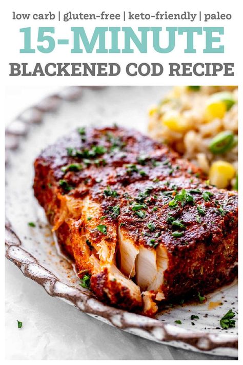 This delicious blackened cod recipe is so easy and healthy and a great go to when you need dinner on the table ASAP! White fish is coated in a homemade blackened seasoning before being pan-seared in a skillet, for a family meal that's ready to serve in about 15 minutes. This Cajun-style fish recipe is perfect for a quick dinner, but fancy enough to serve to guests! {Gluten-free, dairy-free, & low carb} Fish Recipes Dairy Free, Homemade Blackened Seasoning, Gluten Free Fish Recipes, Cod Recipes Healthy, Blackened Cod, Cod Fish Recipes, White Fish Recipes, Cod Recipe, Blackened Seasoning