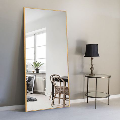 NeuType Gold Full Length Mirror Large Floor Mirror Wall Mounted Mirror Aluminum Alloy Frame 51" x 32" - Walmart.com Full Length Mirror Gold, Floor Length Mirror, Full Length Floor Mirror, Gold Frame Wall, Mirror Wall Bedroom, Gold Mirror Wall, Full Body Mirror, Metal Frame Mirror, Dressing Mirror