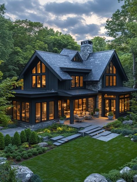 Cozy Cabin In The Woods Exterior, Rustic Mansion Exterior, Dark Suburban House, Colorado Aesthetic House, Modern Cabin Exterior Design, Wood Exterior House, Mountain House Exteriors, Mountain Homes Exterior, Tiny Backyard House