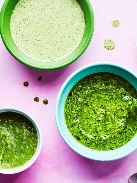 Quick Pesto Recipe | Epicurious Green Sauces, Creamy Jalapeno Sauce, Chermoula Sauce, Creamy Jalapeno, Pan Seared Steak, Jalapeno Sauce, Herb Sauce, Seared Steak, Green Chutney