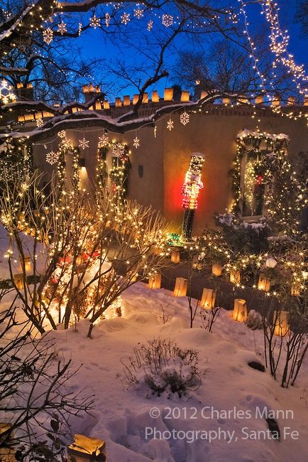 Canyon Road Santa FE - at Christmas.  Once you spend a Christmas in NM...you'll never forget it. Available Nov 26-Dec 3, Dec.11 -15, Dec 19-23, Santa Fe vacation rental, Cozy historic adobe home in town- walking distance to the plaza, https://www.airbnb.com/rooms/2562597 Visit Santa Fe,The City Different, winter in Santa Fe is beautiful for skiing, snow shoeing and hikes under the full moon New Mexico Christmas, Southwest Christmas, Mexico Christmas, New Mexico Style, New Mexico Santa Fe, New Mexico Homes, Sante Fe, Santa Fe Style, Canyon Road