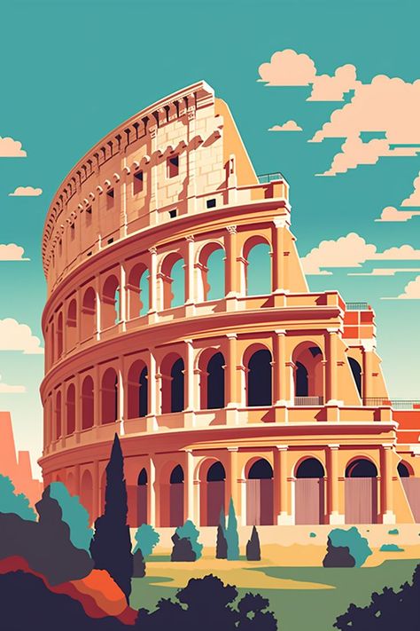 Rome Travel Poster, Colleseum Rome Drawing, Summer Vintage Poster, Colosseum Illustration, Italy Illustration Art, Italy Cartoon, Colosseum Aesthetic, Colleseum Rome, Vintage Italy Aesthetic