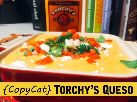 {CopyCat} Torchy's Queso  1 cup fire roasted salsa (We used Brother's) 1 (4 ounce) can Hatch chopped green chiles 1 pound Velveeta cheese, cubed 2.5 tablespoons heavy cream Torchy's Diablo Sauce (or other hot sauce like Cholula or Valentina's) guacamole (our recipe) 1-2 tablespoons Queso Fresco cheese 1 tablespoon chopped cilantro 1 tablespoon chopped Roma tomato Torchys Queso, Torchys Queso Recipe, Chips And Queso, Potato Chip Recipes, Queso Recipe, Food Day, Ultrasonic Cleaner, Chips Recipe, Foods To Avoid