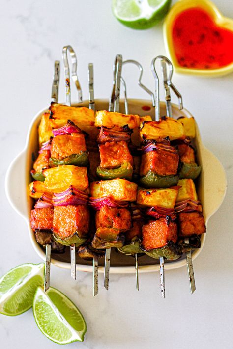 Hawaiian Style BBQ Pineapple Tofu Skewers Pineapple Tofu, Retreat Recipes, Tofu Skewers, Bbq Pineapple, Pineapple Skewers, Pineapple Skewer, Tofu Feta, Hawaiian Bbq, Teriyaki Tofu