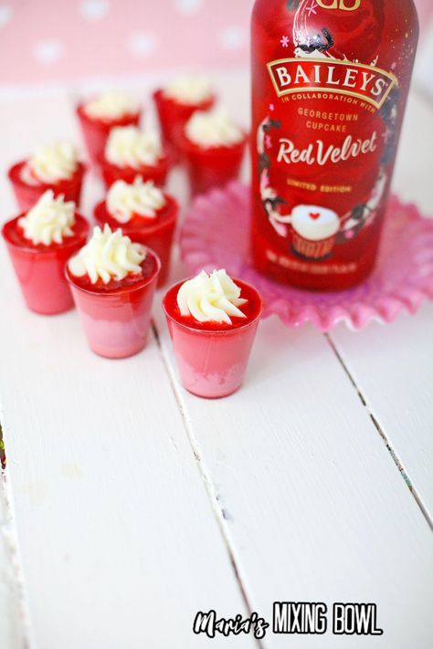 Georgetown Cupcakes, Red Velvet Cupcake, Jello Shot, Jello Shot Recipes, Shot Recipes, Valentine's Day Recipes, Red Velvet Cupcakes, Jello Shots, Vanilla Frosting