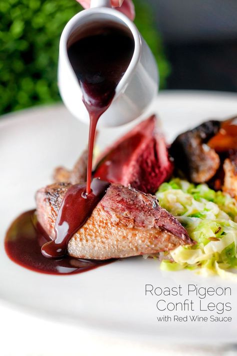 Roast pigeon crown with confit legs & a glorious red wine sauce may sound all sorts of fancy but it is perfectly achievable in your kitchen. The legs can be cooked days in advance, the breasts take 15 minutes to cook and rest and the sauce is done in about 40 minutes. This means that this fancy scran is remarkably quick too! British Recipes, Red Wine Sauce, Beef Stock, Wine Sauce, Wild Boar, British Food, Meat Cuts, Indulgent Desserts, Partridge