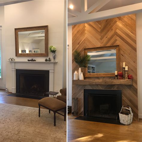 Herringbone shiplap reclaimed fireplace accent wall, before and after. Old oak beam mantel. Herringbone Shiplap, Fireplace Accent Wall, Herringbone Fireplace, Reclaimed Fireplace, Wood Fireplace Surrounds, Fireplace Accent Walls, Reclaimed Wood Fireplace, Brick Fireplace Makeover, Room With Fireplace