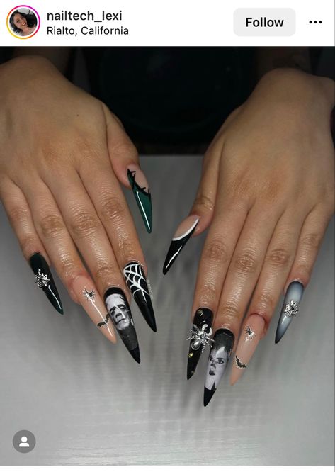 Frankenstein and The Bride Bride Of Frankenstein Decorations, Bride Of Frankenstein Nails Art, Frankenstein Nails Acrylic, Bride Of Frankenstein Nails, Frankenstein Nail Art, Gore Nails, Frankenstein And The Bride, Frankenstein Nails, Goth Nail Art