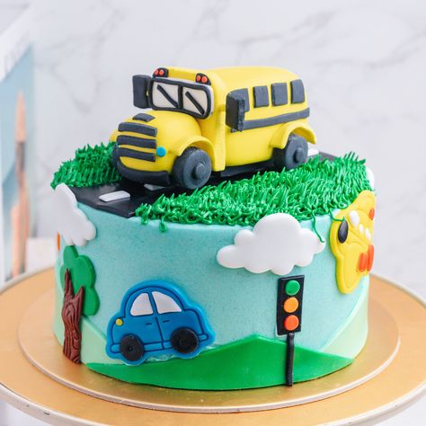 Wheels On The Bus Birthday Party Cake, Bus Cakes For Boys, Bus Cake Ideas, Wheels On The Bus Birthday Party, Wheels On The Bus Cake, Bus Birthday Cake, School Bus Cake, 2nd Birthday Cake Boy, Orange Birthday Cake