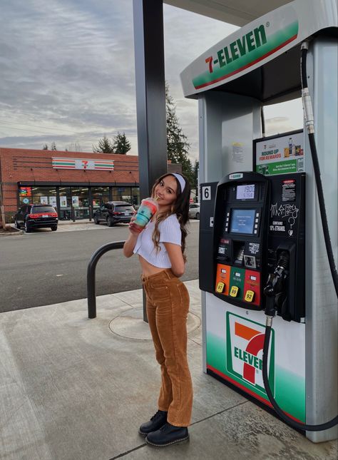 Model, Teenager, Gas Station, Photoshoot, Teenager, Instagram, Casual, Trendy, Corduroy, Doc Martens, Head Band, Slushee, Slurpee, VSCO Gas Station Photoshoot Instagram, Gas Station Photoshoot, Gas Pump, Head Band, Gas Station, Doc Martens, Instagram Captions, Instagram