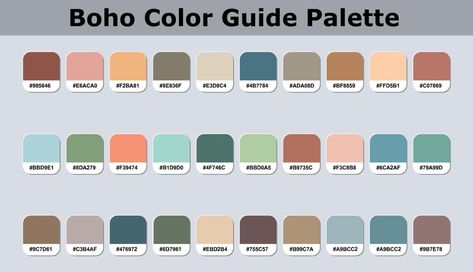 Hex Codes Color Palette Google Calendar, Boho Hex Codes, Neutral Color Palette Hex Codes, Boho Color Palette Hex Code, Mid Century Color Scheme, Procreate Palettes, Bohemian Color Palette, Boho Color Palette, Bohemian Pictures