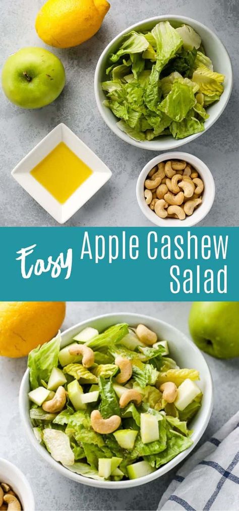 This simple salad is made with tart apples, salty cashews, and a simple homemade dressing! Try this salad when you need a quick and delicious meal. Apple Cashew Salad, Cashew Apple Salad, Fall Apple Salad Recipe, Cashew Salad, Salad Inspiration, Apple Salad Recipes, Romaine Salad, Fresh Salad Recipes, Simple Salad