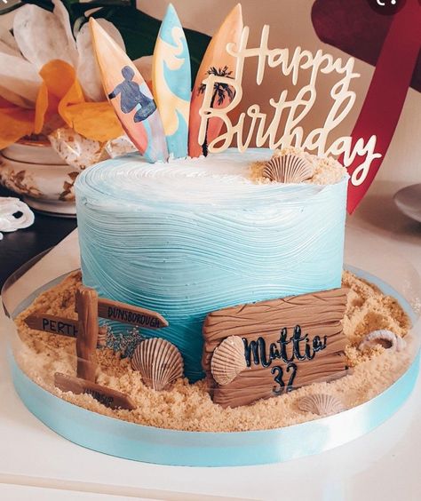 Waves Birthday Cake, Surf Themed Cake, First Wave Birthday Cake, Beach Theme Cake For Men, Surf Cakes Birthday, Surfing Cake Ideas, Surfer Cake Ideas, Beachy Birthday Cake, Surf Cake Ideas