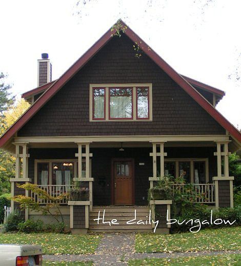 This bungalow home is actually new. Built as infill in 1996, it had to be approved by The Ladd's Addition Historic District Advisory board. Since it is visible from Ladd's Circle, it was very important that it meet the guidelines.  Bungalow Style Brown House Exterior, House Bungalow, Best Exterior Paint, Bungalow Exterior, Craftsman Exterior, Bungalow Homes, Brown House, Vintage House Plans, Exterior Color Schemes