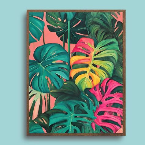 Monstera Leaf Print Botanical Illustration, Colourful Abstract Monstera Plant Print, Boho Botanical Printable Swiss Cheese Plant Art SHIPPED - Etsy UK Monstera Plant Painting, Abstract Leaves Painting, Monstera Leaf Art, Swiss Cheese Plant, Leaf Painting, Colourful Abstract, Illustration Botanique, Cheese Plant, Plant Painting